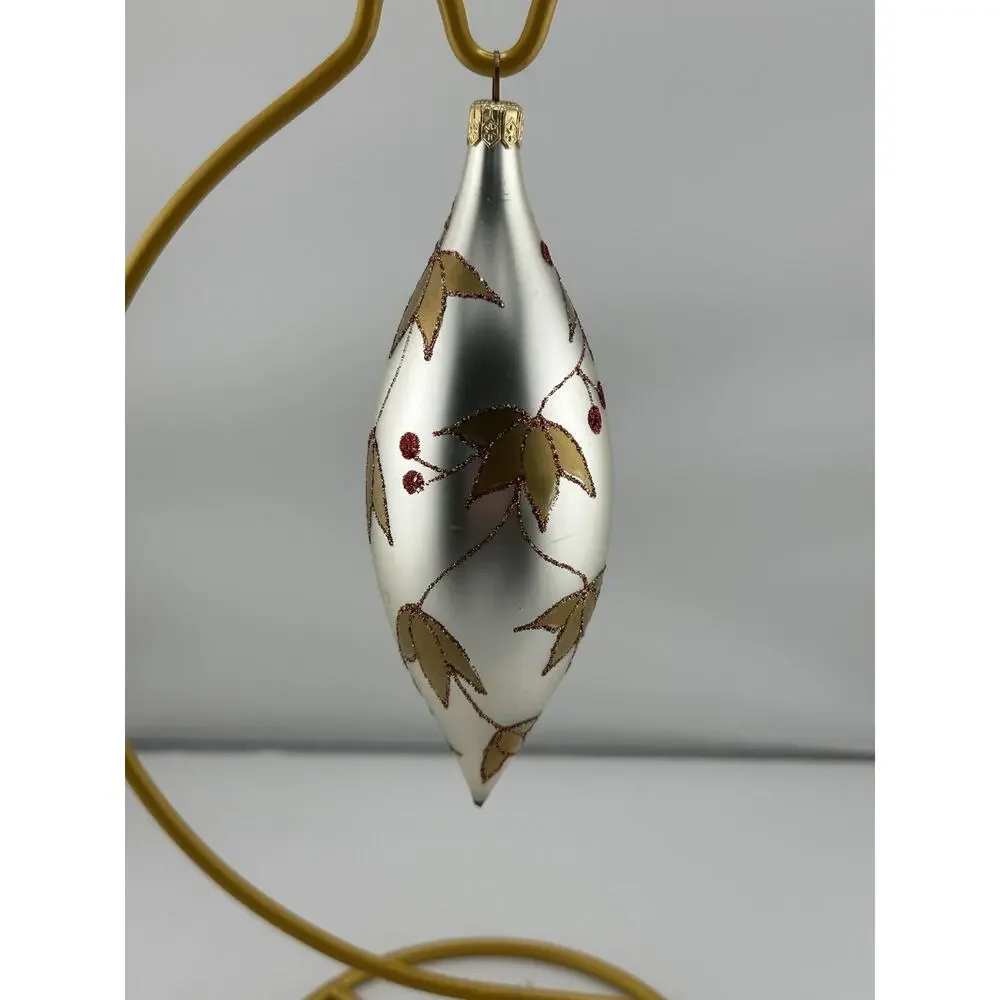 Vintage Hand Blown Glass Christmas Ornament Silver w/ Gold Leaves Berries 7" - Picture 3 of 5